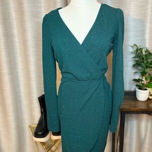 Speechless Dark Green and Gold All-over Sparkle Long Sleeve Faux Wrap Dress